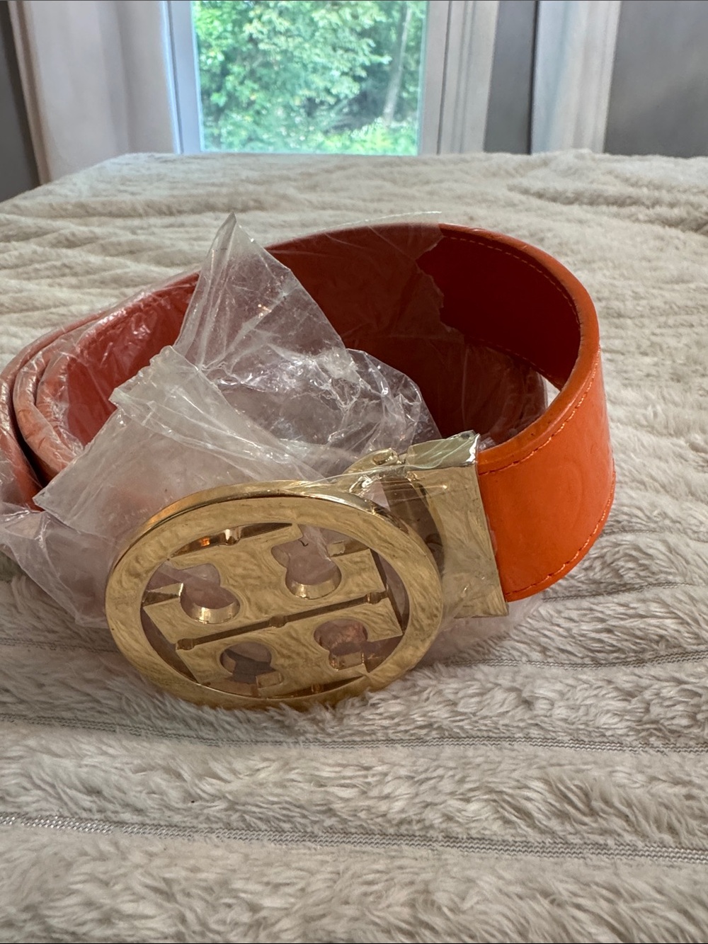 Orange Leather Belt with Gold Logo Buckle